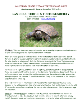 CALIFORNIA DESERT / TEXAS TORTOISE CARE SHEET (Gopherus Agassizi, Gopherus Berlandieri) Written By