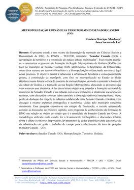 Metropolização E Dinâmicas Territoriais Em Senador Canedo (Go)