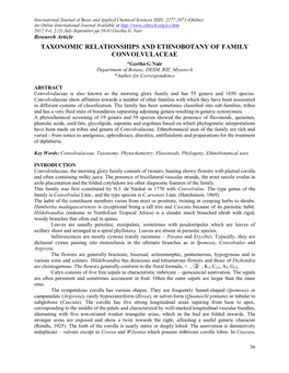 TAXONOMIC RELATIONSHIPS and ETHNOBOTANY of FAMILY CONVOLVULACEAE *Geetha G Nair Department of Botany, DESM, RIE, Mysore-6 *Author for Correspondence