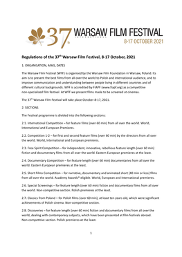 Regulations of the 37Th Warsaw Film Festival, 8-17 October, 2021