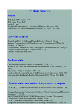 CV Mario Primicerio Studies University Positions Academic