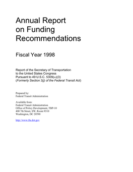 Annual Report on Funding Recommendations Fiscal Year 1998
