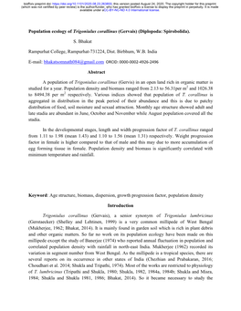 Population Ecology of Trigoniulus Corallinus (Gervais) (Diplopoda: Spirobolida)