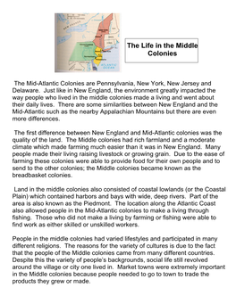 The Life in the Middle Colonies