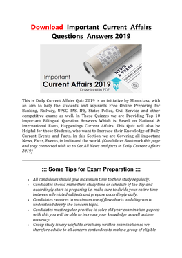 Download Important Current Affairs Questions Answers 2019