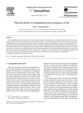 Physical Limits of Computation and Emergence of Life Abir U