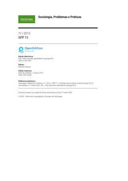 Sociologia, Problemas E Práticas, 71 | 2013, « SPP 71 » [Online], Posto Online No Dia 05 Março 2013, Consultado O 17 Maio 2020