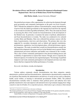 Devolution of Power and Woreda Or District Development in Benshangul Gumuz Regional State: the Case of Metkel Zone (North West E