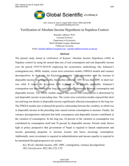 Verification of Absolute Income Hypothesis in Nepalese Context