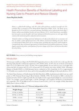 Health Promotion Benefits of Nutritional Labelling and Nursing Care to Prevent and Reduce Obesity Anne Boykin-Smith