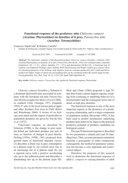 Functional Response of the Predatory Mite Chileseius Camposi (Acarina: Phytoseiidae) on Densities of It Prey, Panonychus Ulmi (Acarina: Tetranychidae)