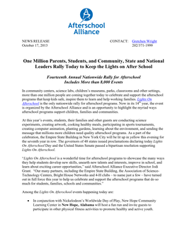 One Million Parents, Students, and Community, State and National Leaders Rally Today to Keep the Lights on After School