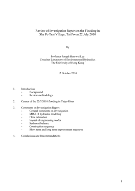 Review of Investigation Report on the Flooding in Sha Po Tsai Village, Tai Po on 22 July 2010