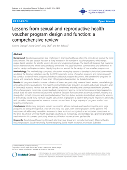 Lessons from Sexual and Reproductive Health Voucher Program Design and Function: a Comprehensive Review Corinne Grainger1, Anna Gorter2, Jerry Okal3* and Ben Bellows3