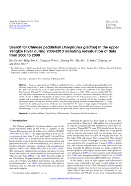 Search for Chinese Paddlefish (Psephurus Gladius) in the Upper Yangtze River During 2009-2013 Including Reevaluation of Data