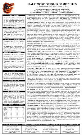 BALTIMORE ORIOLES GAME NOTES Ed Smith Stadium  2700 12Th Street  Sarasota, FL 34237