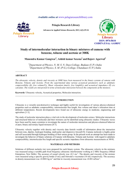 Study of Intermolecular Interaction in Binary Mixtures of Cumene with Benzene, Toluene and Acetone at 308K