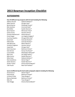 2013 Bowman Inception Checklist