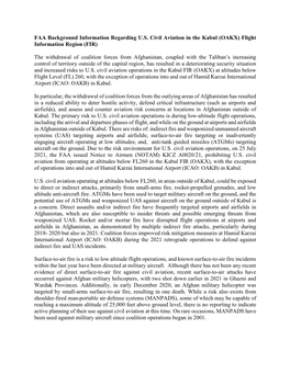 FAA Background Information Regarding U.S. Civil Aviation in the Kabul (OAKX) Flight Information Region (FIR) the Withdrawal of C