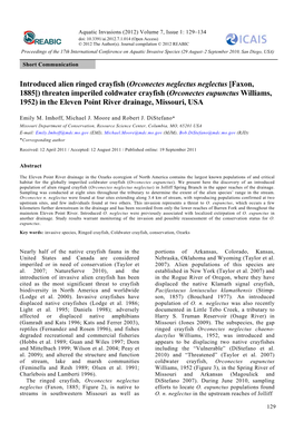 Threaten Imperiled Coldwater Crayfish (Orconectes Eupunctus Williams, 1952) in the Eleven Point River Drainage, Missouri, USA