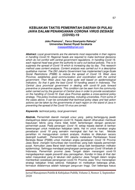 Kebijakan Taktis Pemerintah Daerah Di Pulau Jawa Dalam Penanganan Corona Virus Desiase (Covid)-19