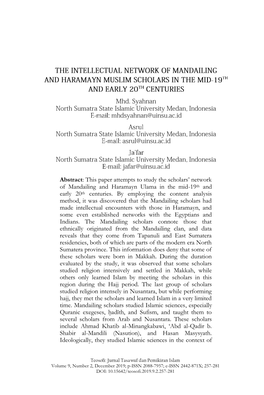 This Paper Attempts to Study the Scholars‟ Network of Mandailing and Haramayn Ulama in the Mid-19Th and Early 20Th Centuries