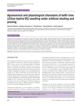 Agronomical and Physiological Characters of Kaffir Lime (Citrus Hystrix DC) Seedling Under Artificial Shading and Pruning