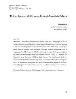 Heritage Language Vitality Among University Students in Malaysia