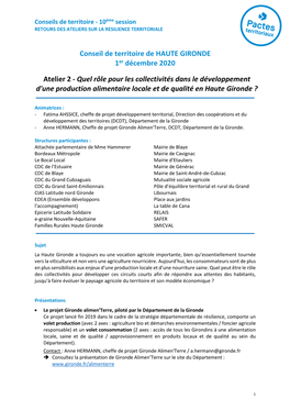 Conseil De Territoire De HAUTE GIRONDE 1Er Décembre 2020