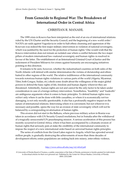 From Genocide to Regional War: the Breakdown of International Order in Central Africa