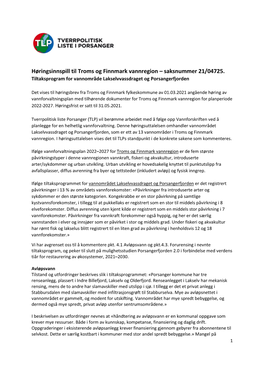 Høringsinnspill Til Troms Og Finnmark Vannregion – Saksnummer 21/04725. Tiltaksprogram for Vannområde Lakselvvassdraget Og Porsangerfjorden