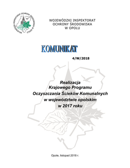 Realizacja Krajowego Programu Oczyszczania Ścieków Komunalnych W Województwie Opolskim W 2017 Roku