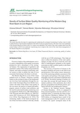 Results of Surface Water Quality Monitoring of the Western Bug River Basin in Lviv Region