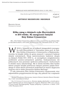 Kilka Uwag O Dziejach Rodu Zborowskich W XVI Wieku. Na Marginesie Książki Ewy Dubas-Urwanowicz