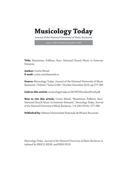 Musicology Today Journal of the National University of Music Bucharest