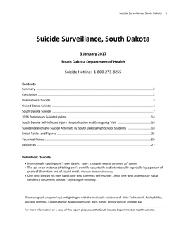 3 January 2017 South Dakota Department of Health Suicide Hotline