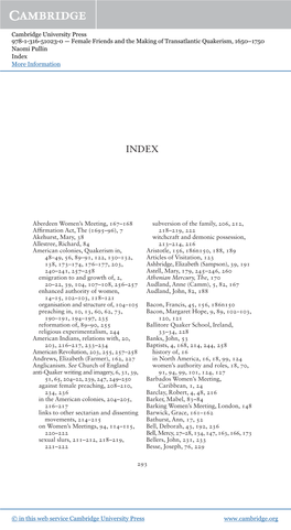 Cambridge University Press 978-1-316-51023-0 — Female Friends and the Making of Transatlantic Quakerism, 1650–1750 Naomi Pullin Index More Information