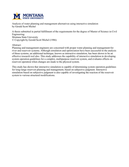 Analysis of Water Planning and Management Alternatives Using Interactive Simulation by Gerald Scott Michel a Thesis Submitted In