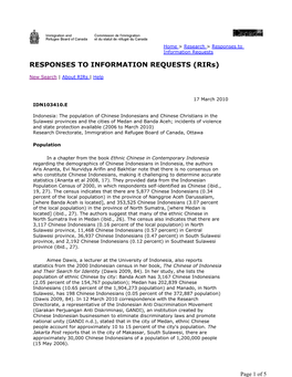 Indonesia: the Population of Chinese Indonesians and Chinese Christians in the Sulawesi Provinces and the Cities of Medan and Ba