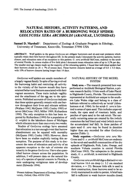 Natural History, Activity Patterns, and Relocation Rates of a Burrowing Wolf Spider : Geol Ycosa Xera Archboldi (Araneae, Lycosidae)