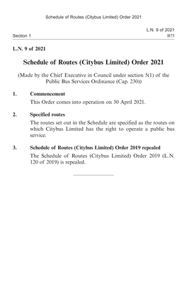 Schedule of Routes (Citybus Limited) Order 2021