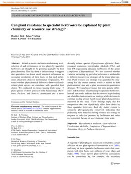 Can Plant Resistance to Specialist Herbivores Be Explained by Plant Chemistry Or Resource Use Strategy?