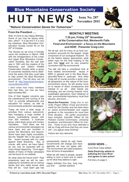 Blue Mountains Conservation Society HUT NEWS Issue No. 287 November 2011