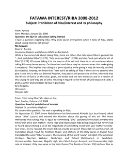 FATAWA INTEREST/RIBA 2008-2012 Subject: Prohibition of Riba/Interest and Its Philosophy