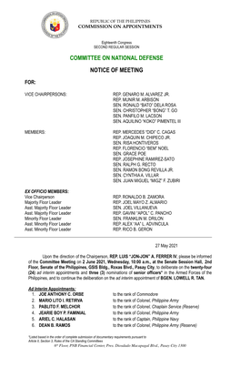 Committee on National Defense Notice of Meeting