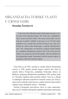 ORGANIZACIJA TURSKE VLASTI U CRNOJ GORI Hamdija Šarkinović