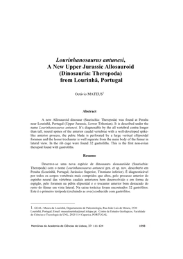 Lourinhanosaurus Antunesi, a New Upper Jurassic Allosauroid (Dinosauria: Theropoda) from Lourinhã, Portugal