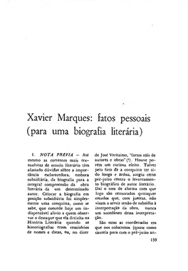 Xavier Marques: Fatos Pessoais (Para Uma Biografia Literária)