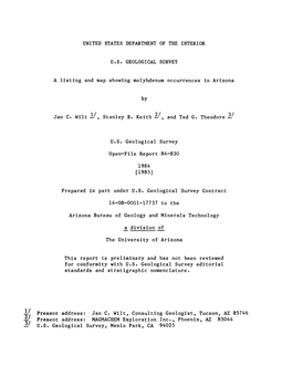 A Listing and Map Showing Molybdenum Occurrences in Arizona