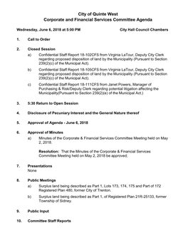 City of Quinte West Corporate and Financial Services Committee Agenda